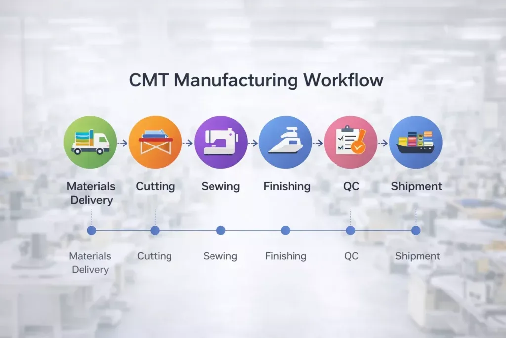 Infographic showing CMT manufacturing workflow from materials delivery to shipment