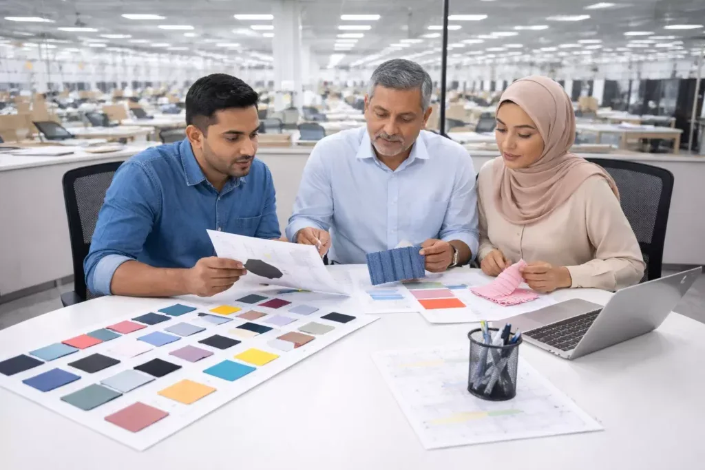 Merchandising team reviewing tech packs and garment samples in a factory office