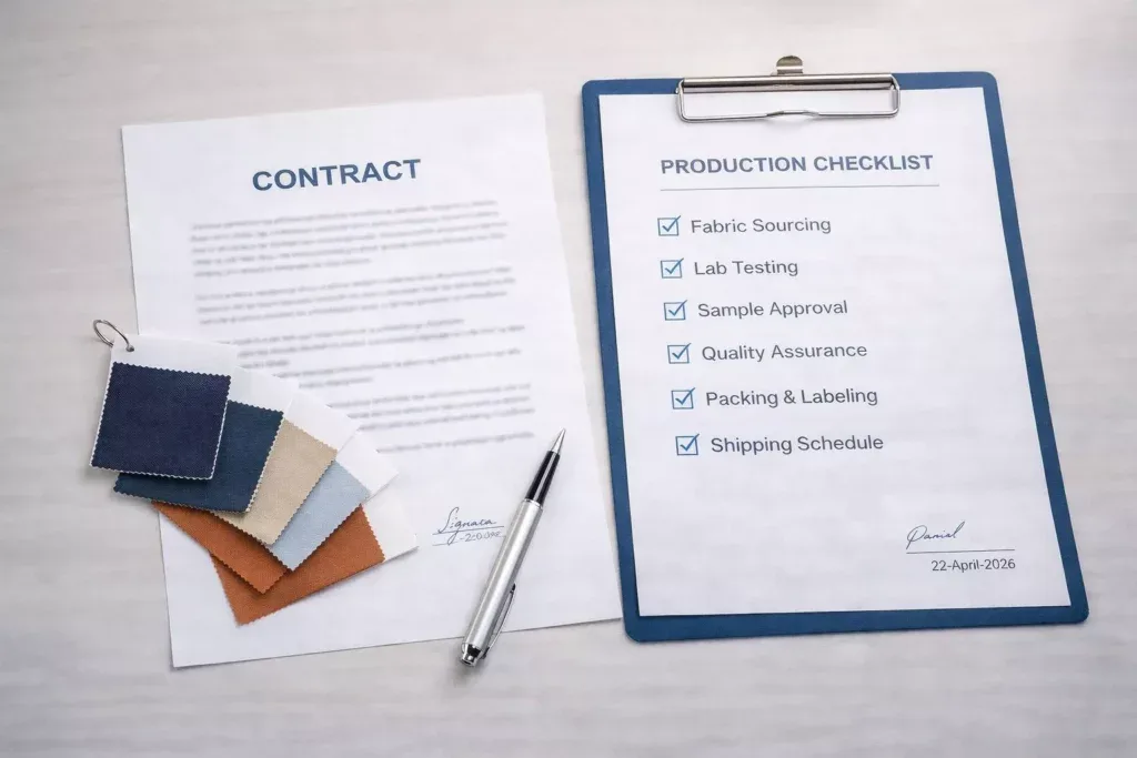 Contract and production checklist on a desk with fabric swatches