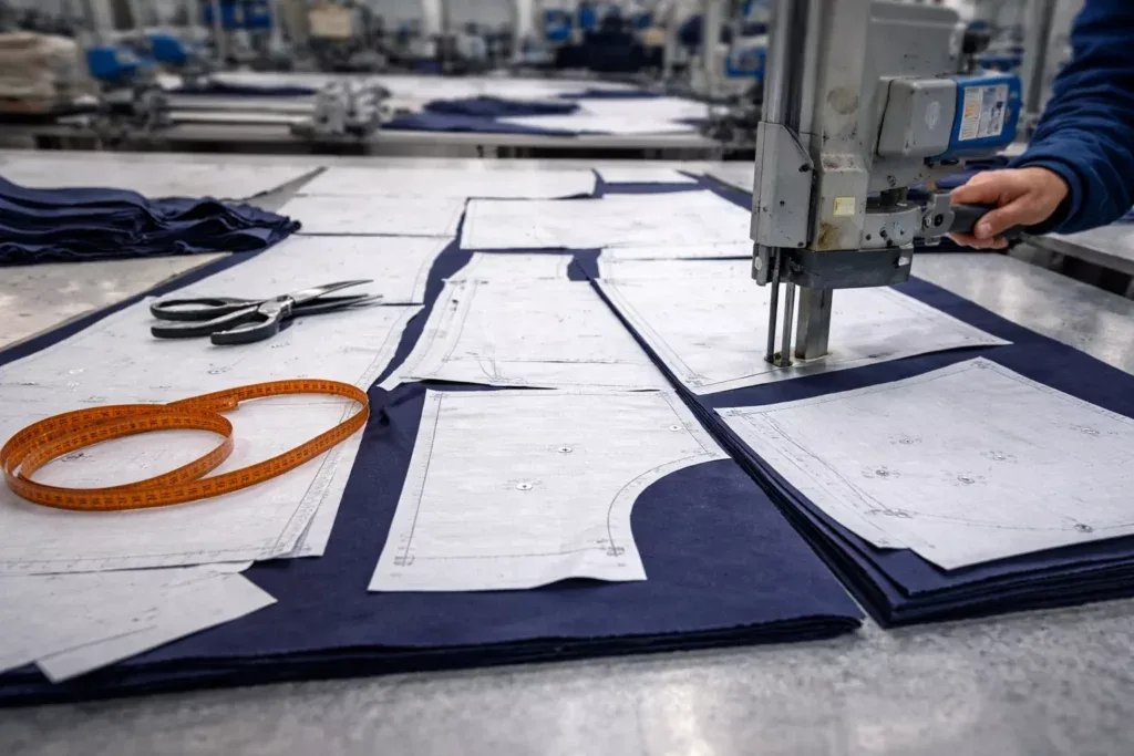 Close-up of fabric being cut with pattern markers on a professional cutting table