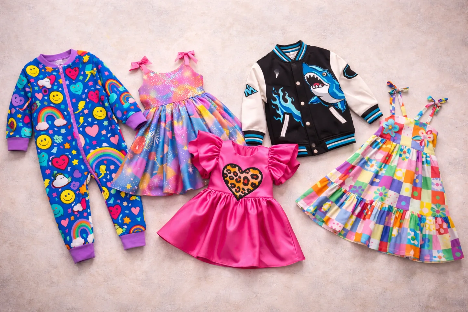 Bright and cheerful children's clothing items arranged together
