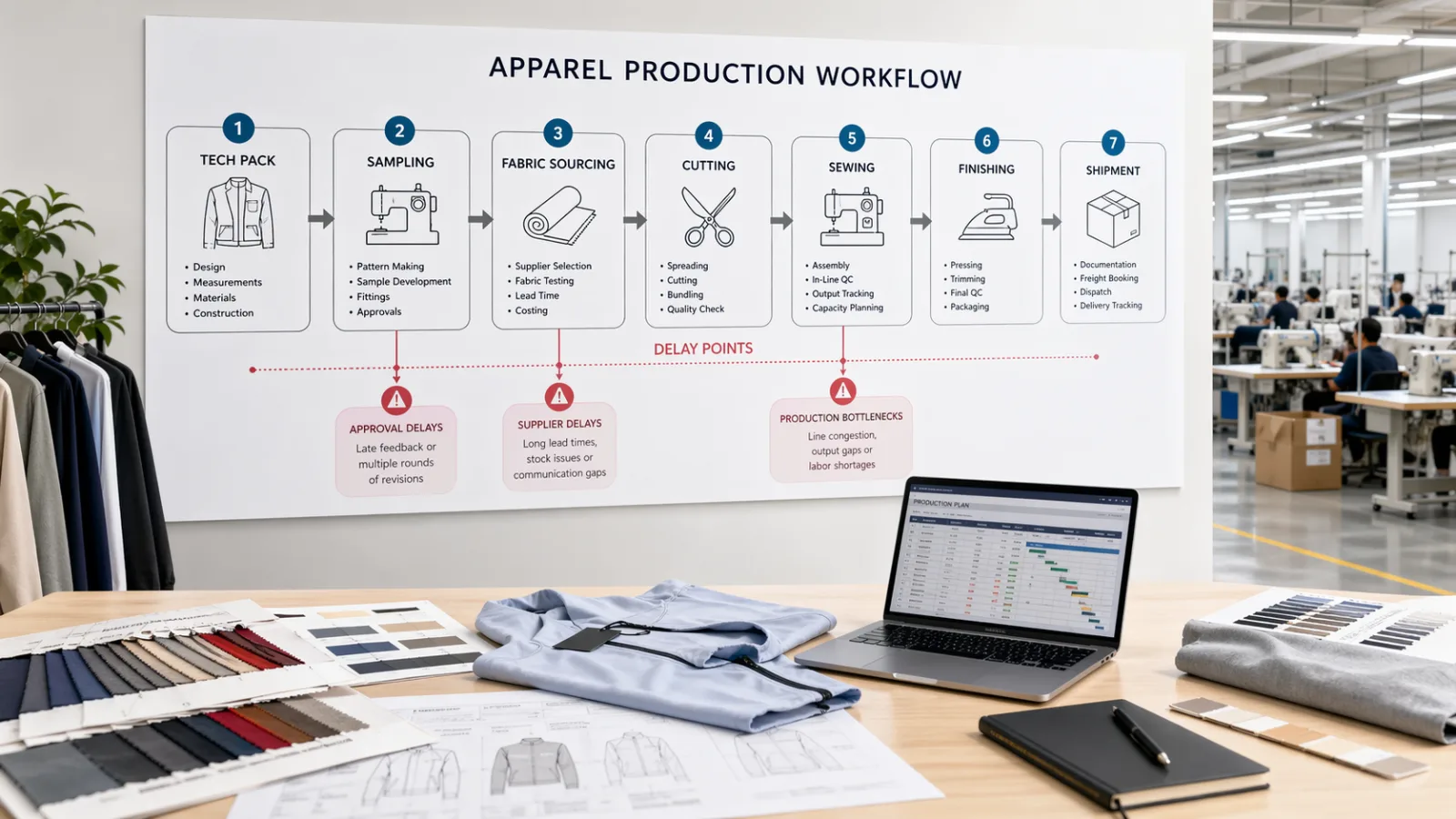 Production line manager reviewing garment quality and timeline