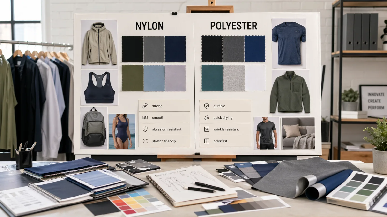 Comparison of nylon and polyester fabric swatches