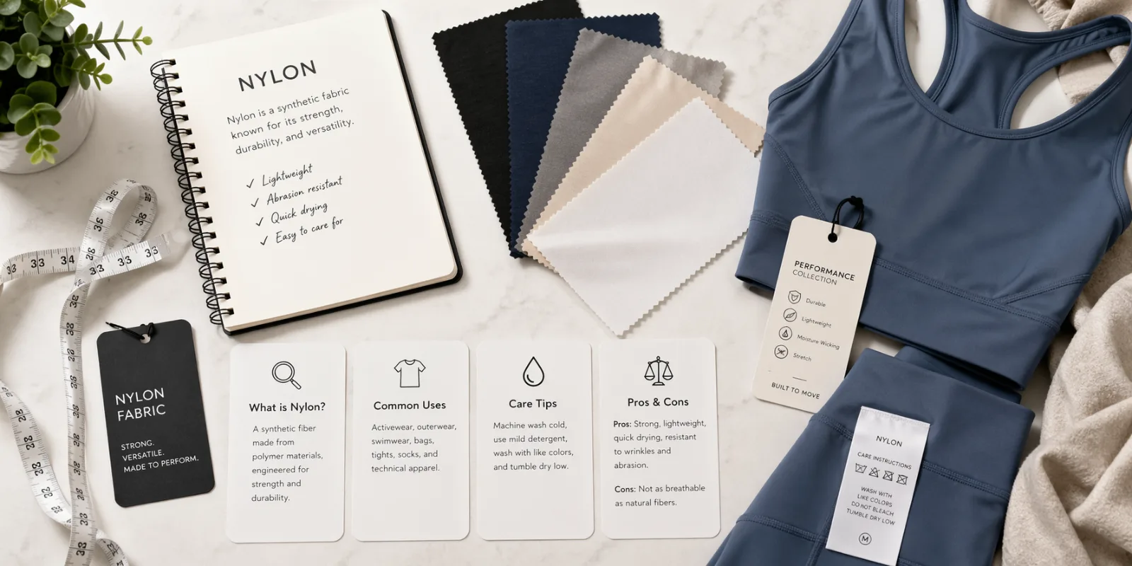 Assorted nylon fabric samples for apparel production