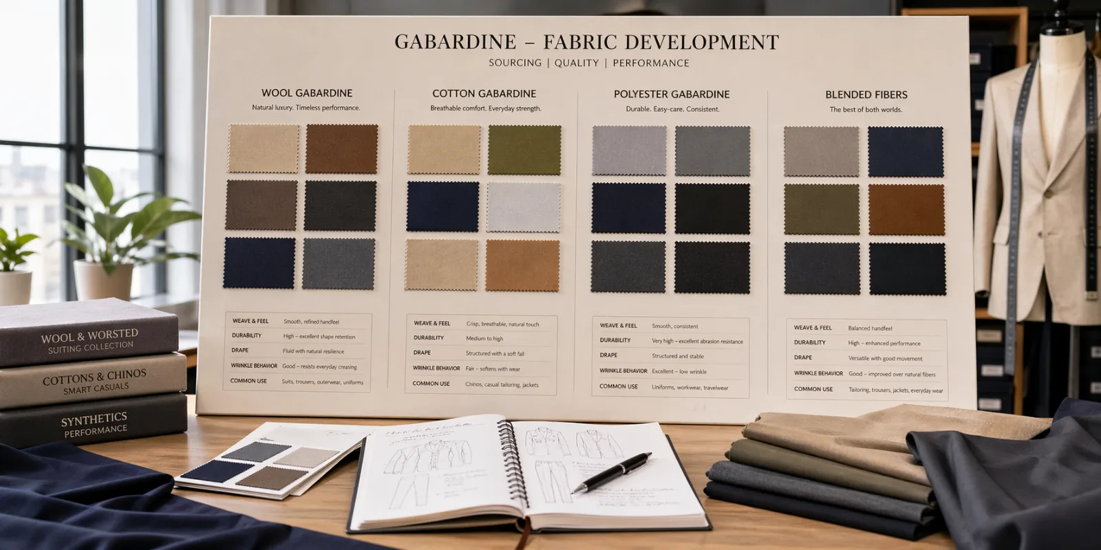 Various spools of yarn representing different fiber types used for gabardine