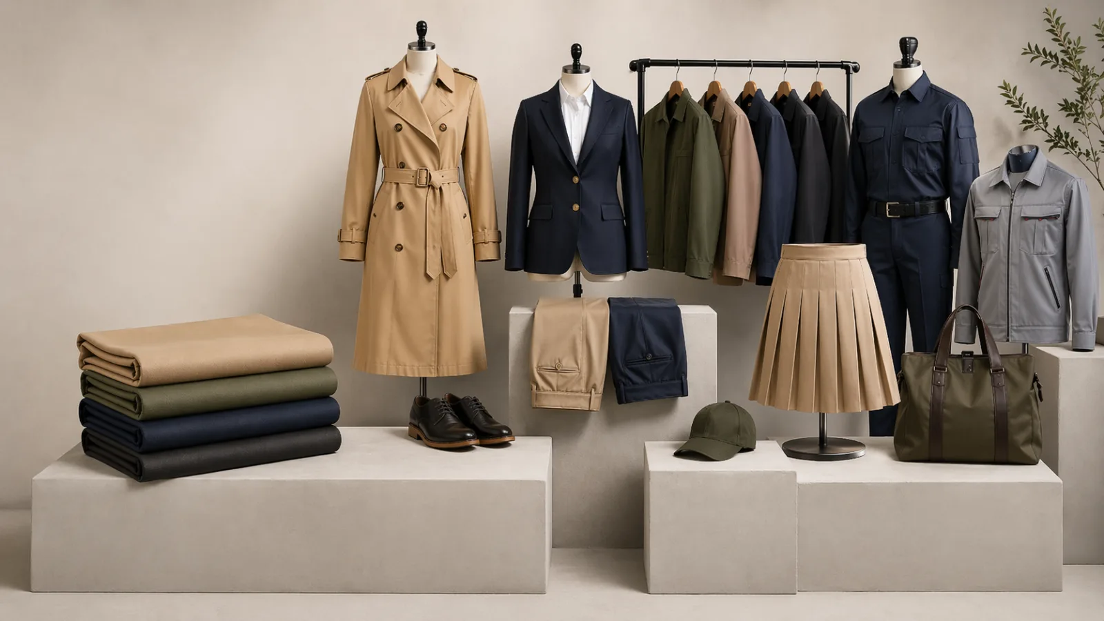 Collage of garments made from gabardine including trench coats and trousers