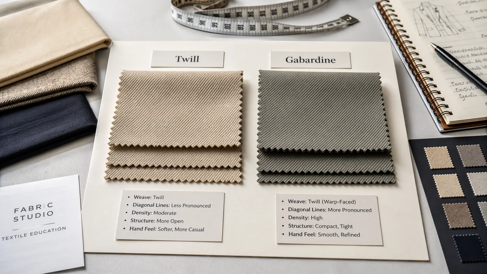 Side-by-side comparison of standard twill and gabardine fabric textures