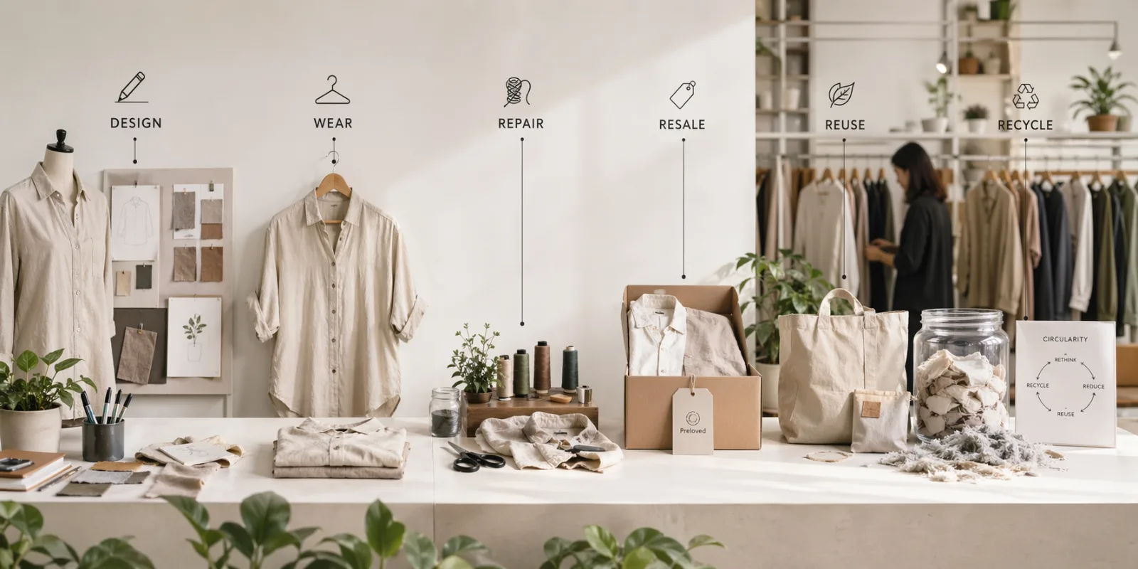 A visual representation of circular fashion cycles showing clothing repair and reuse.