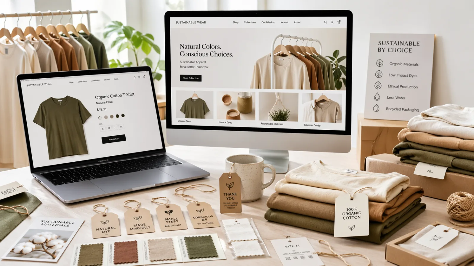 Sustainable fashion brand presentation showing eco-friendly fabric options