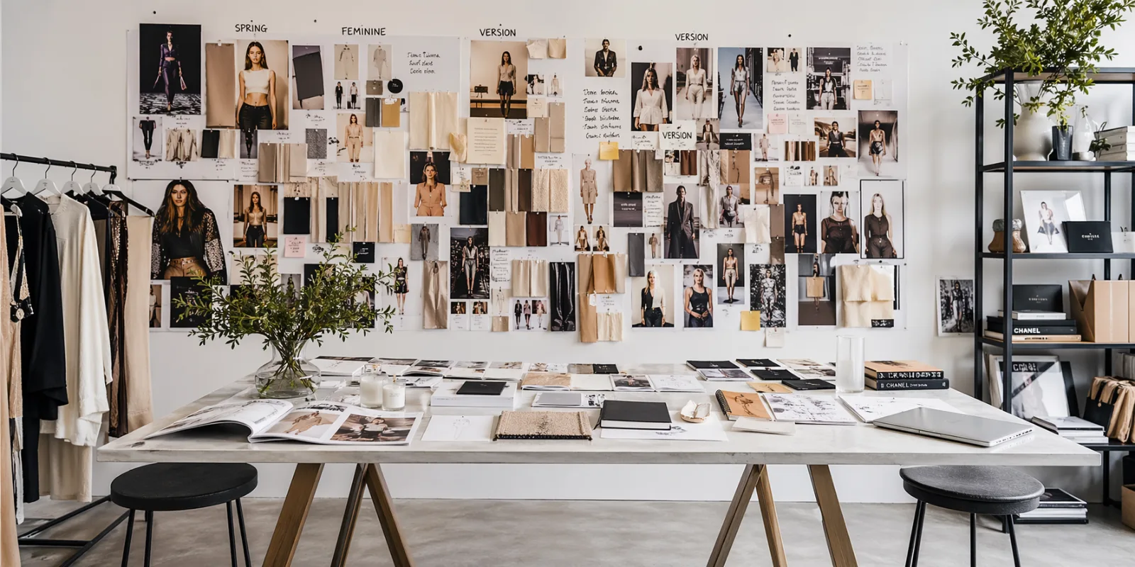 A collage representing the fashion trend forecasting process including runway sketches and market data.
