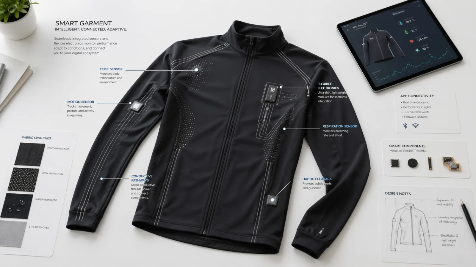 Close-up of smart fabric with integrated electronic sensors
