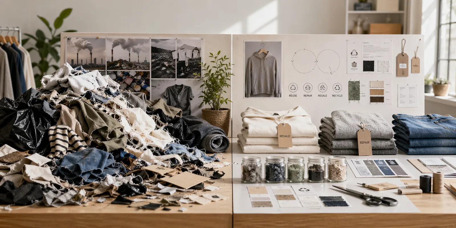 Graphic illustrating the environmental impact of textile waste and resource depletion.