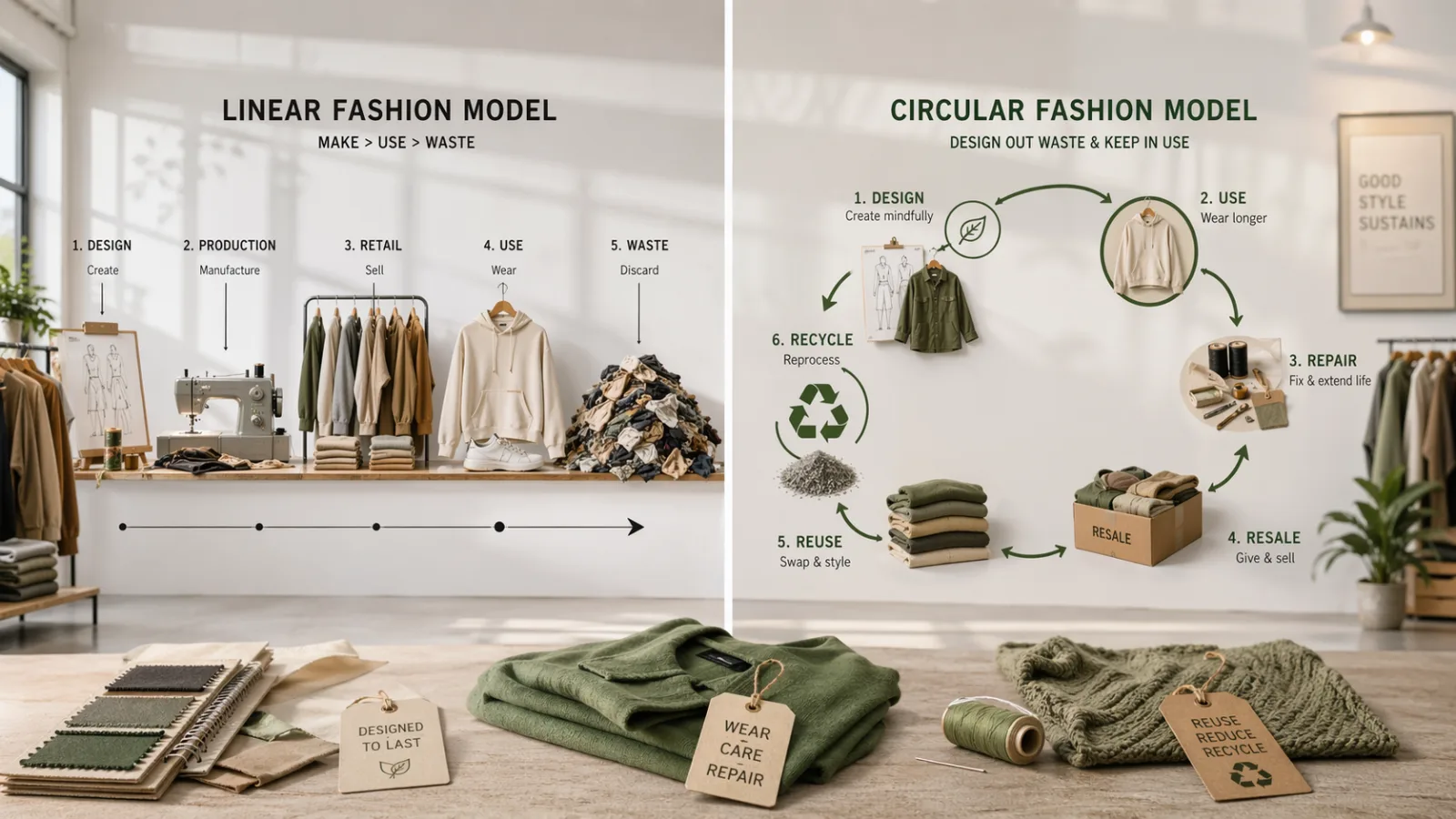 Diagram comparing the linear take-make-waste model with the circular fashion loop.