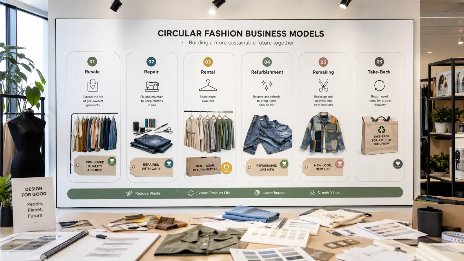 Icons representing various circular business models like repair, resale, and rental.
