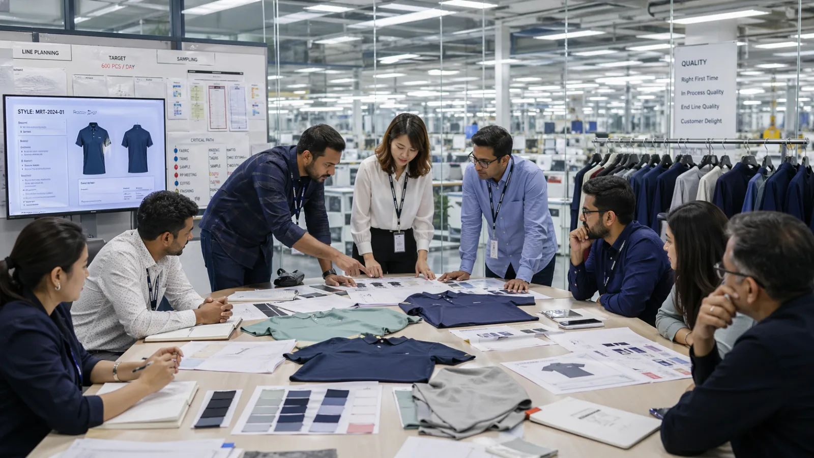 Team conducting a pre-production meeting in a garment factory