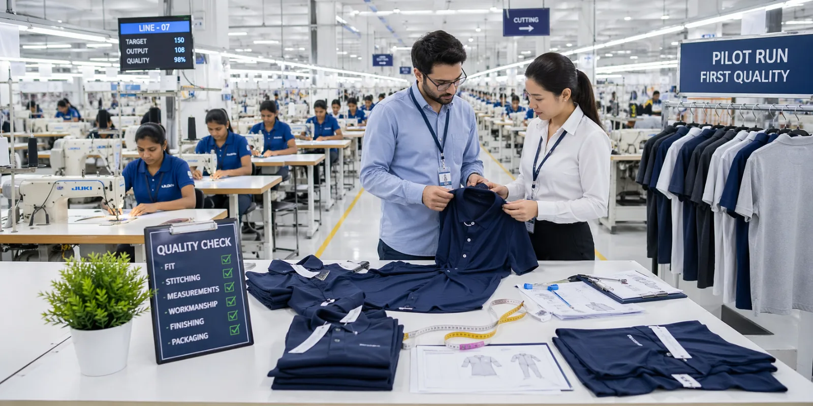 Inspector performing AQL sampling on finished garments
