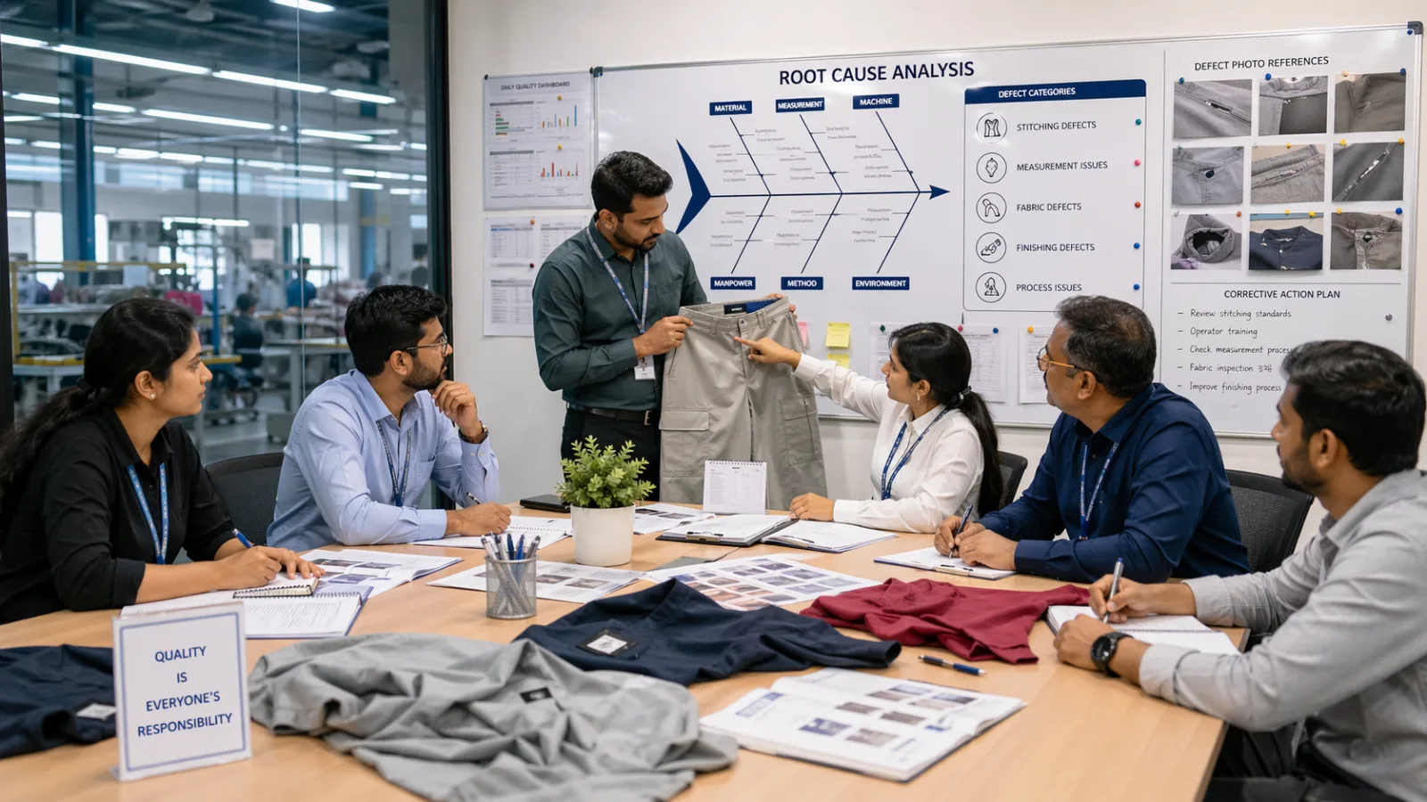 Root cause analysis diagram for garment defect prevention