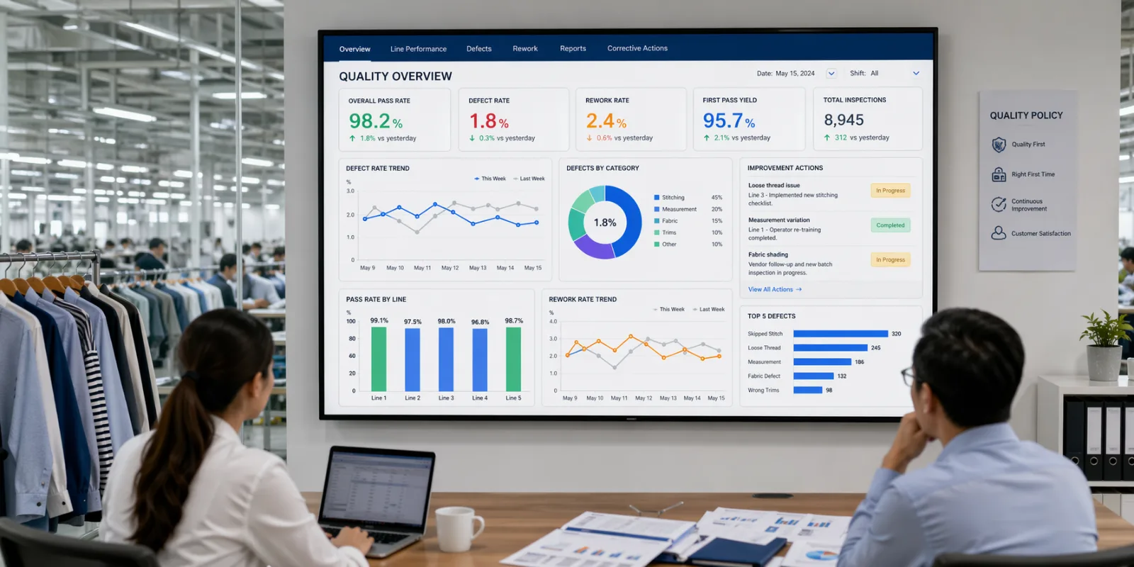 Quality control data dashboard showing defect trends
