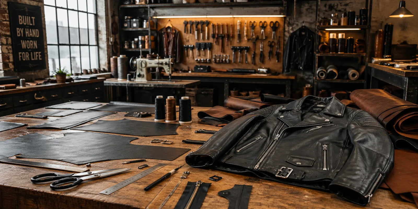 A classic Vanson leather motorcycle jacket displayed on a hanger