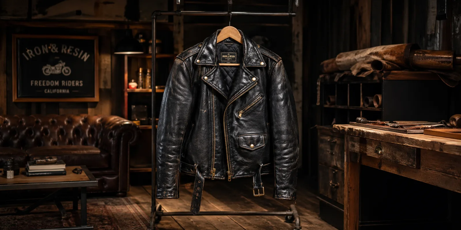 A well-worn Vanson leather jacket showing natural patina and character