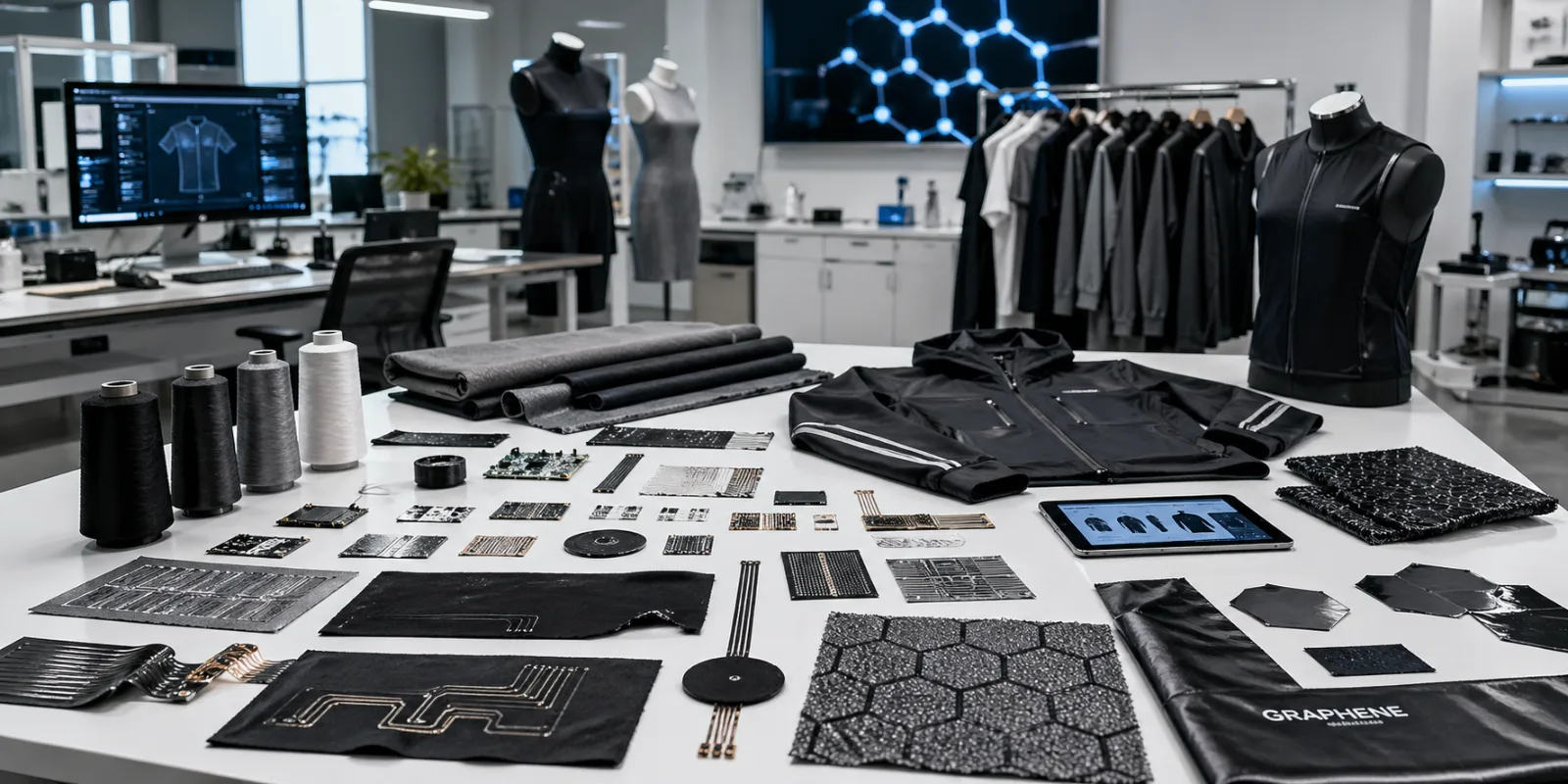 Close-up of flexible electronic components integrated into fabric