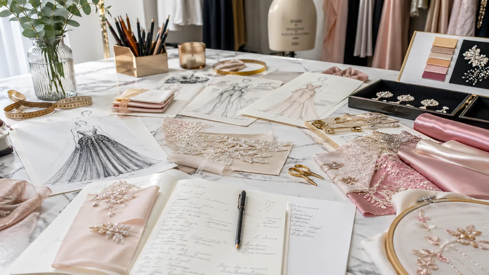 A collage representing the artistry and craftsmanship of haute couture fashion houses