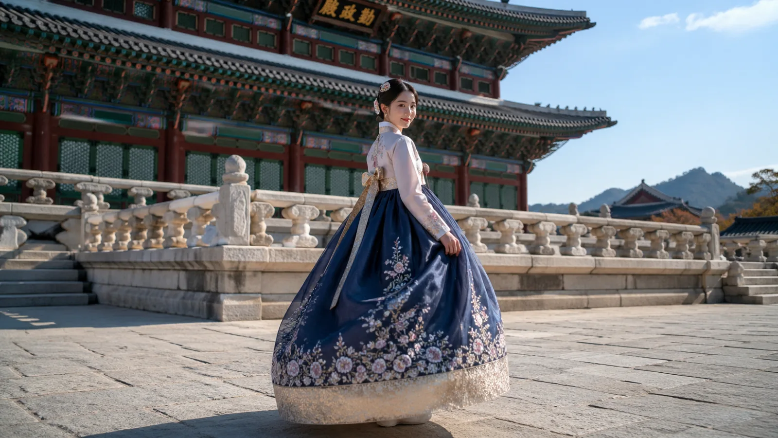 Traditional Korean Hanbok with vibrant colors and elegant silhouette