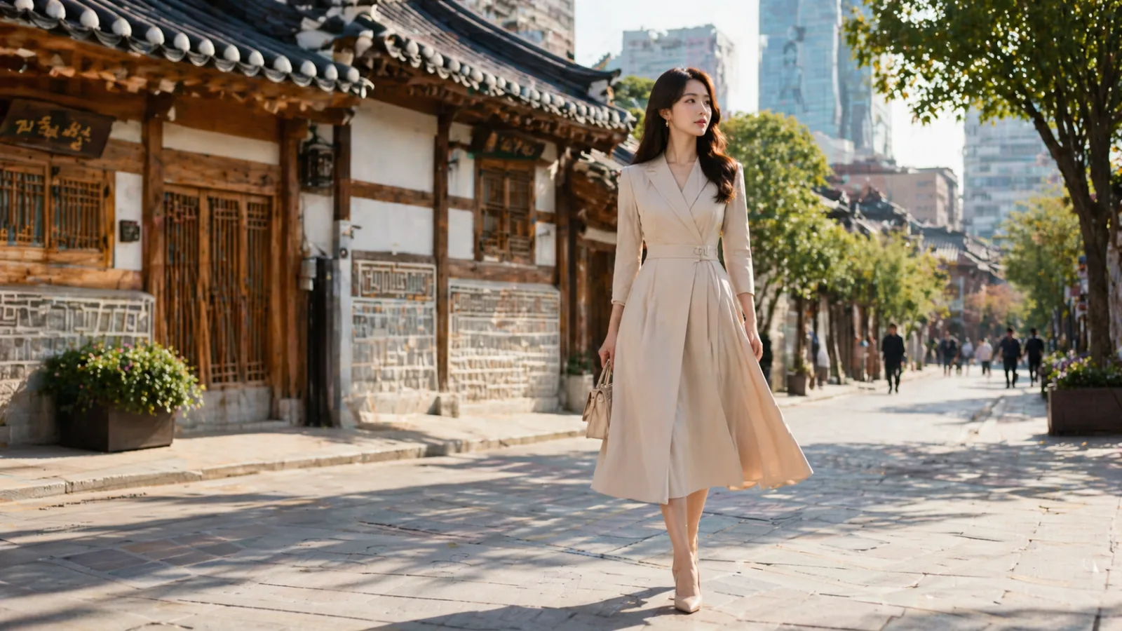 Elegant A-line midi dress in a soft neutral tone