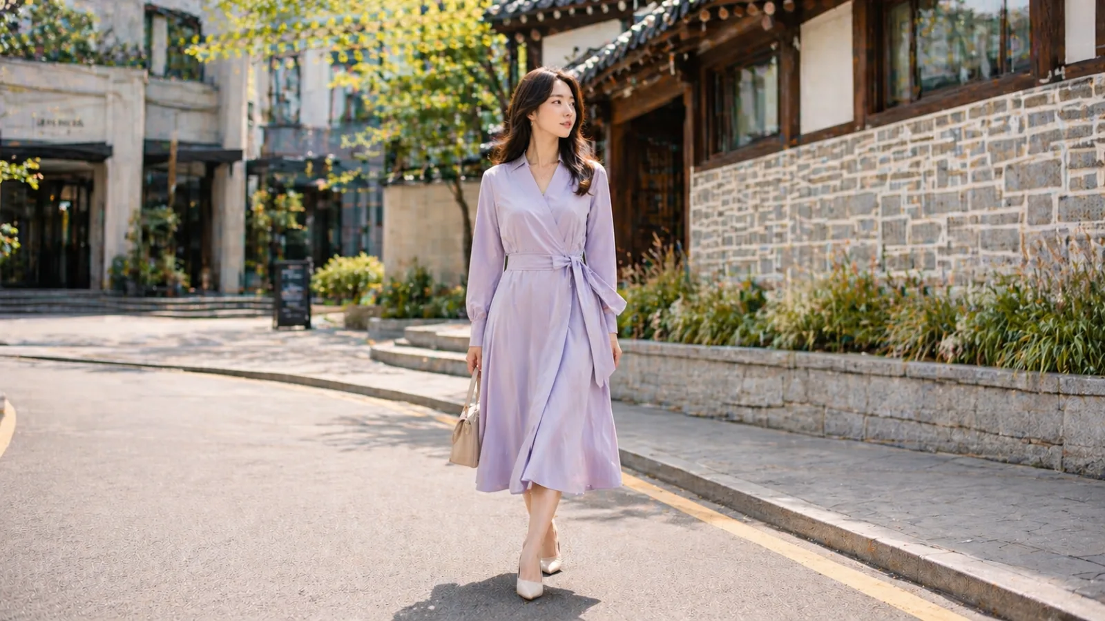 Feminine wrap dress with delicate draping and soft floral print