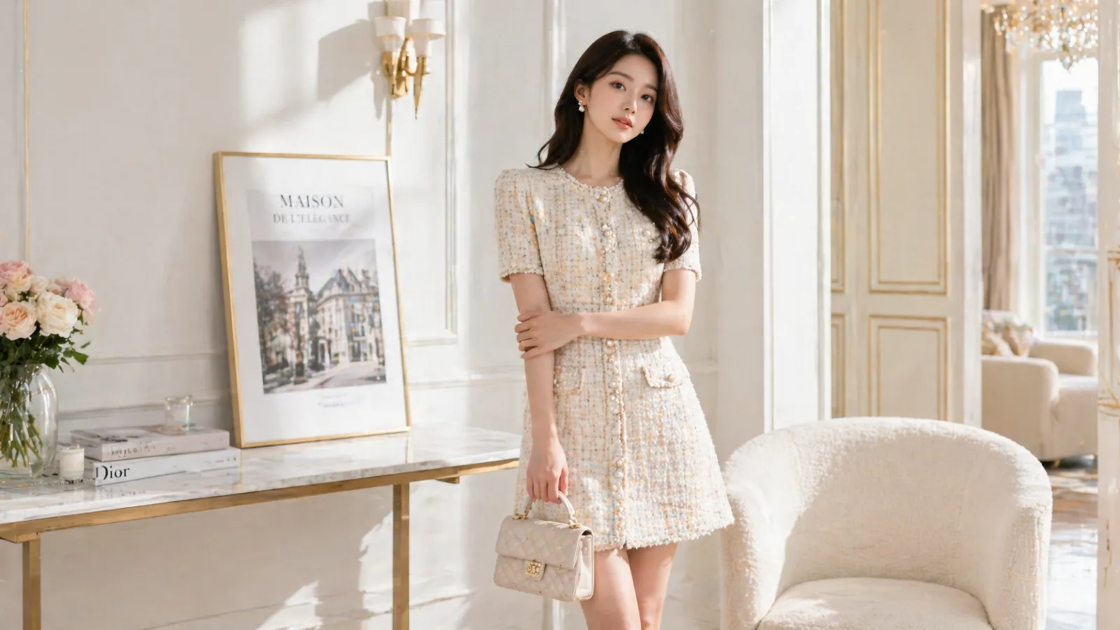 Chic tweed mini dress with structured tailoring