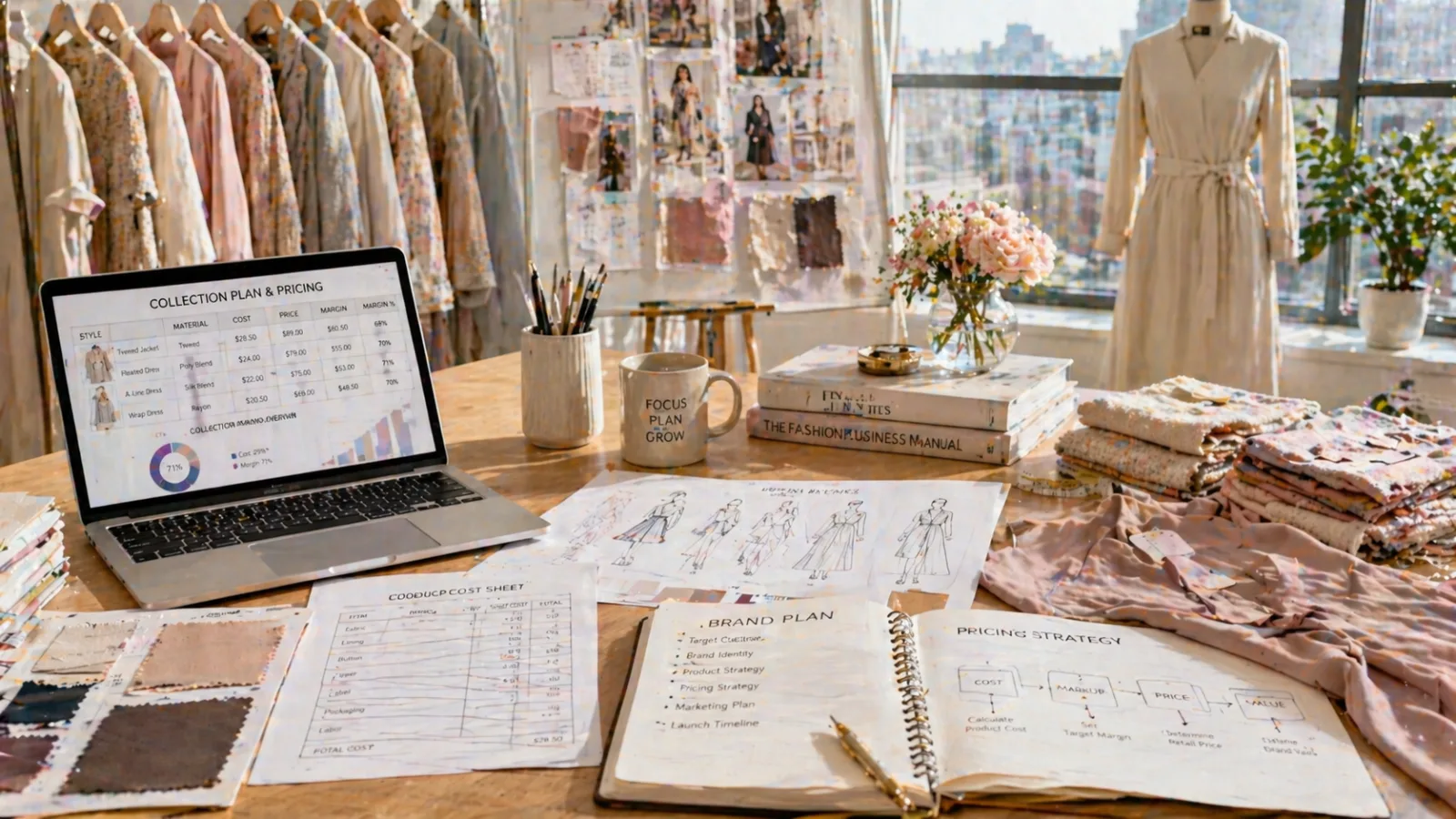 Fashion designer reviewing garment cost sheets and production samples