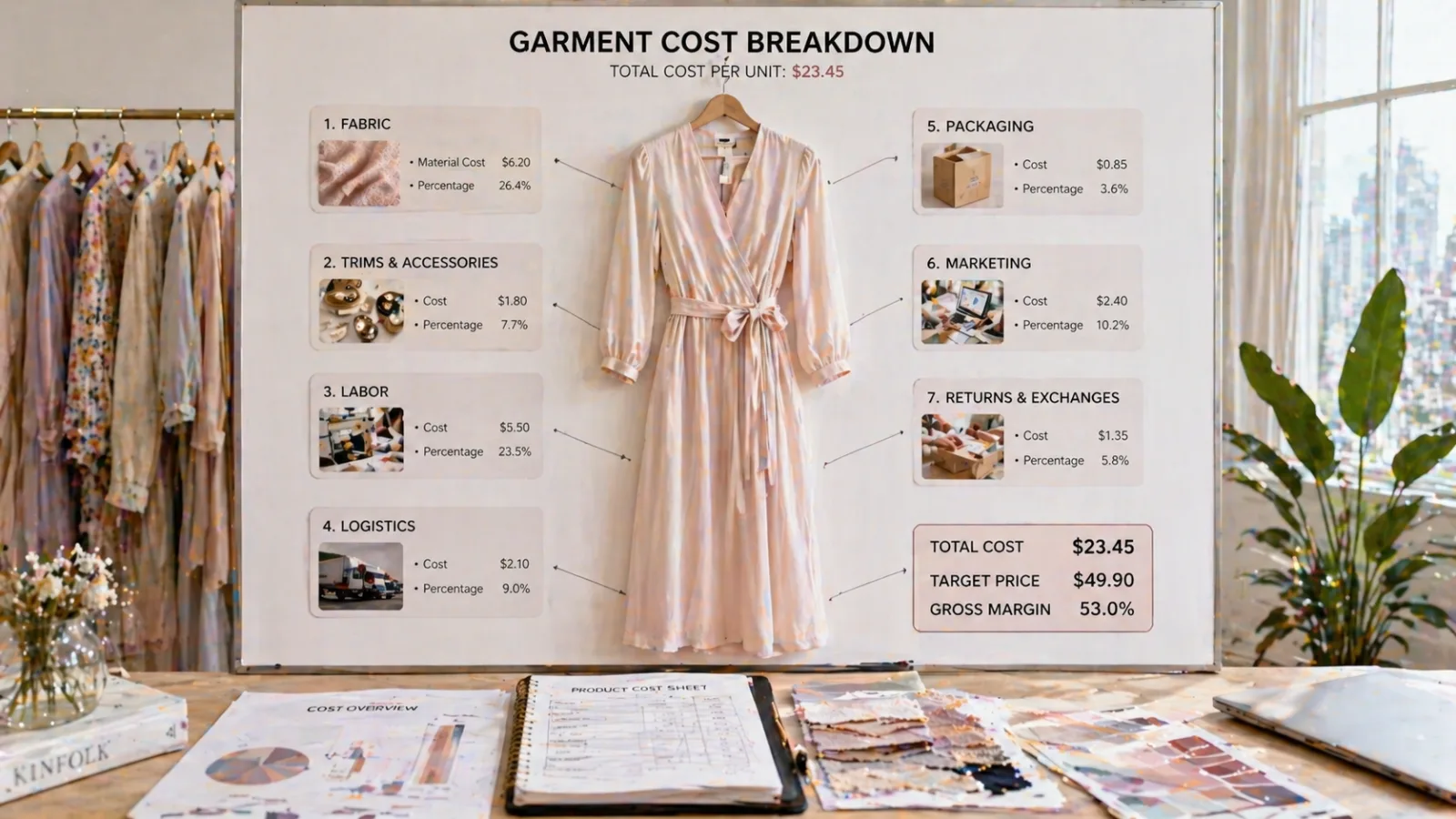 Detailed breakdown of garment production costs from concept to customer