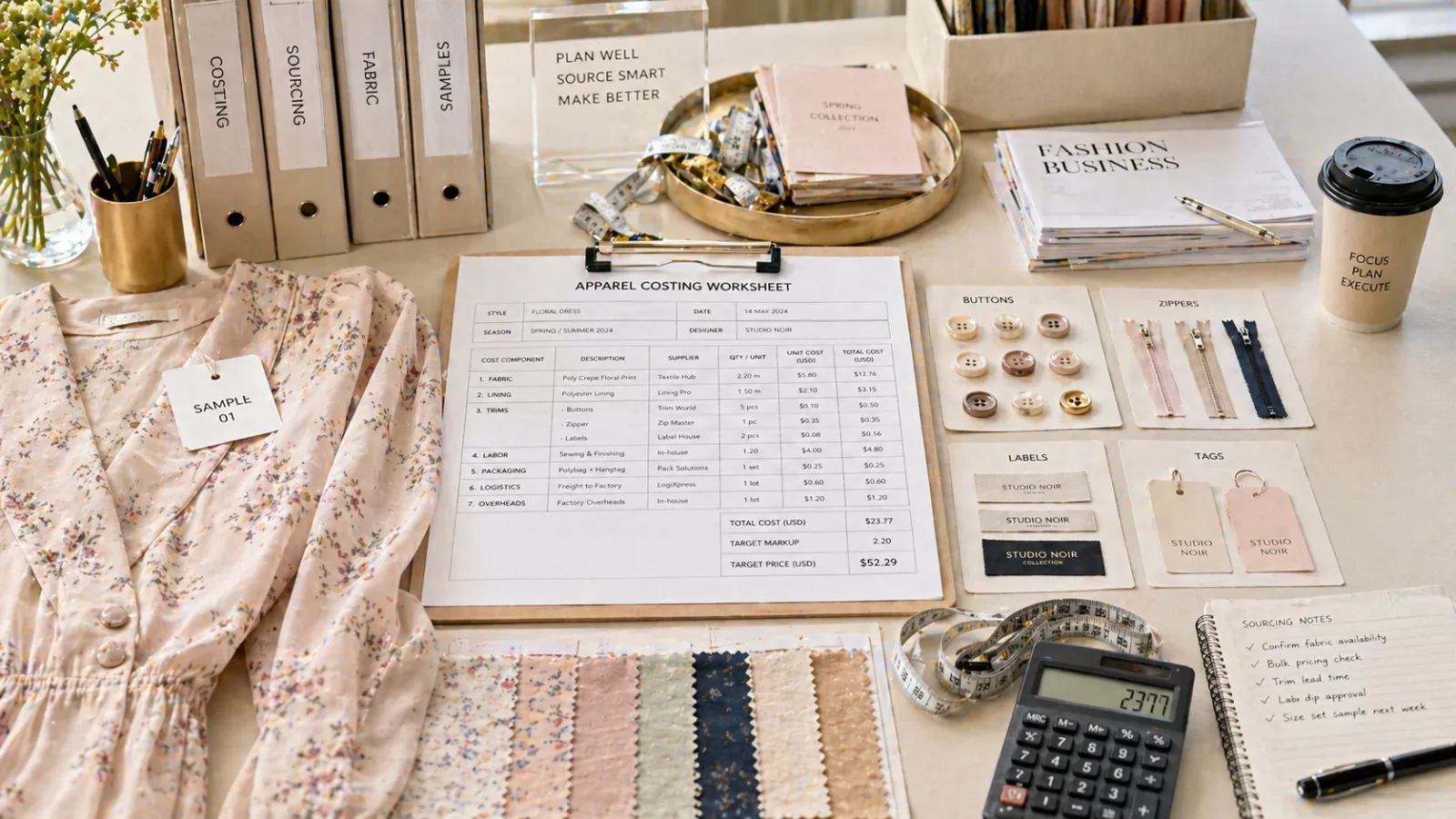 Garment packaging and trim details on a clothing production table