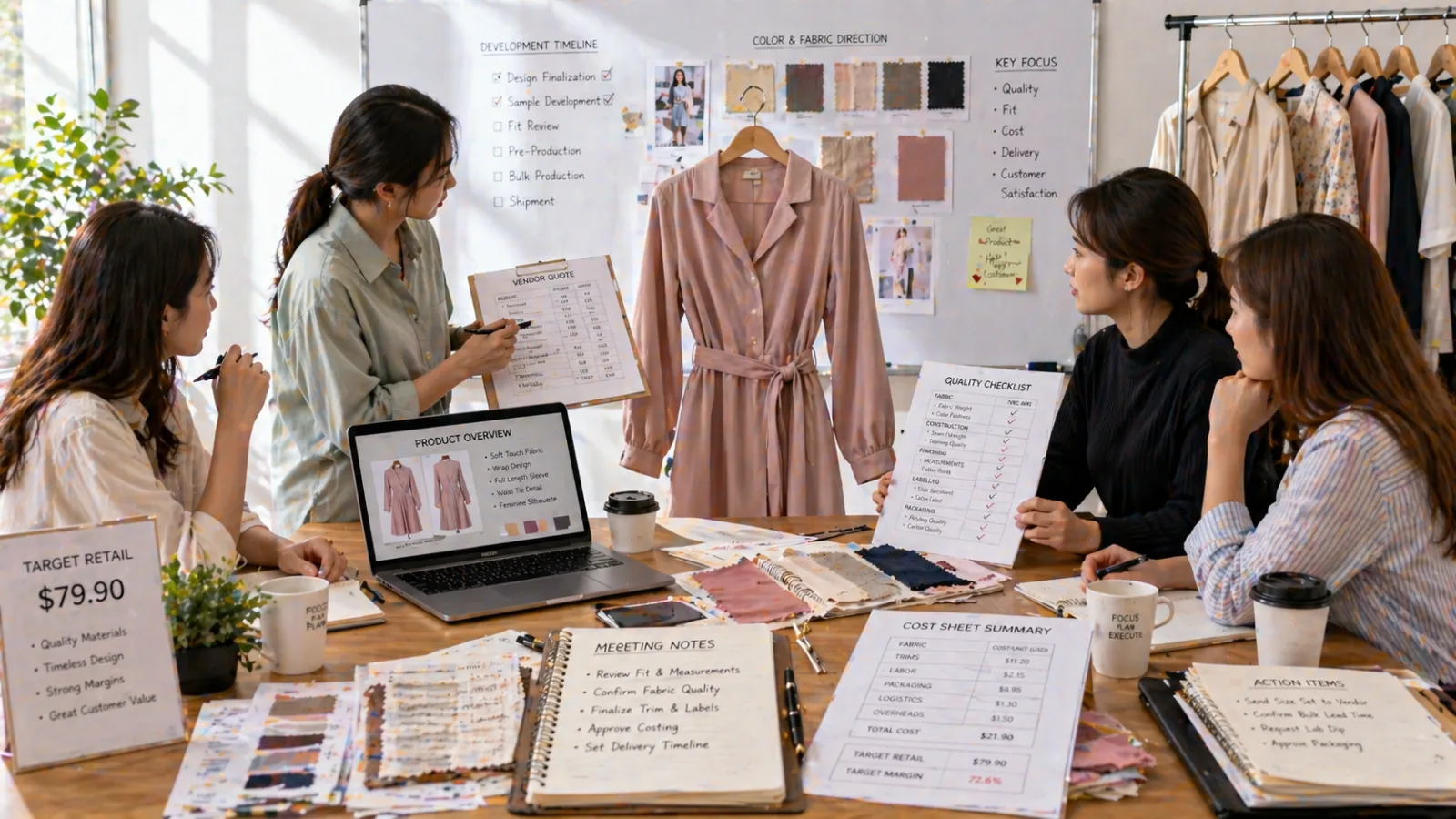 Strategic planning session for fashion brand pricing and production