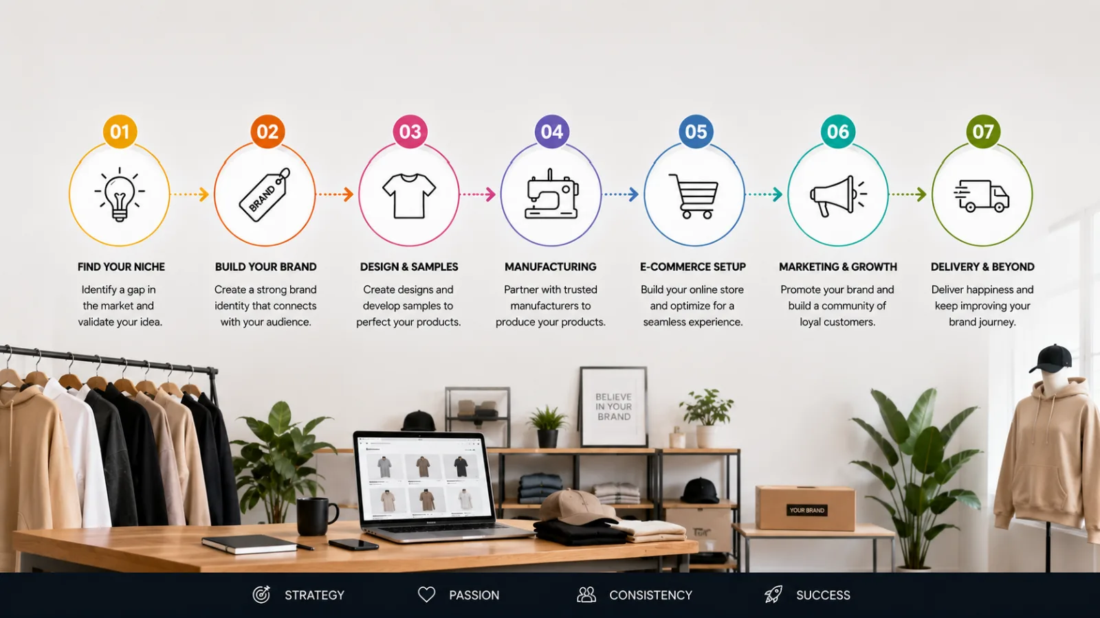 A modern fashion studio workspace showing sketches and fabric swatches for a new clothing line