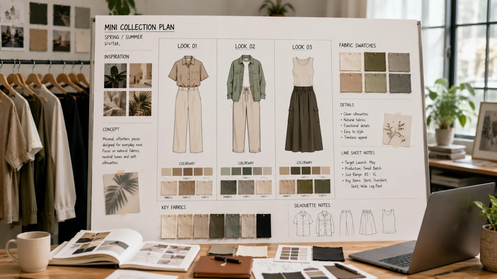 Minimalist clothing collection layout showing a hero product and complementary items