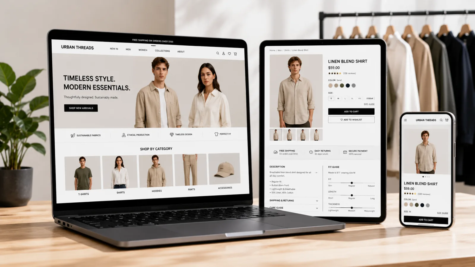 E-commerce website interface for a clothing brand on a laptop screen