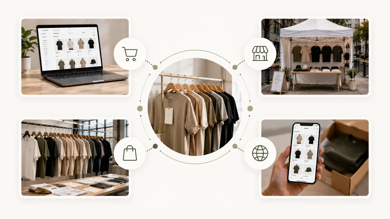 Multi-channel sales strategy diagram for a clothing brand