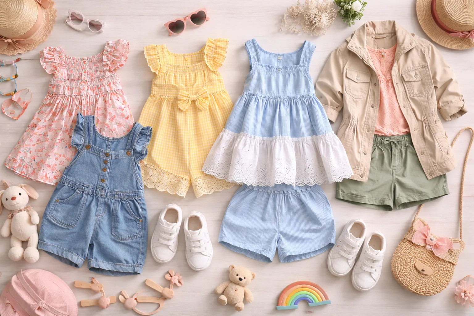 Flat lay photography of children's clothing and accessories