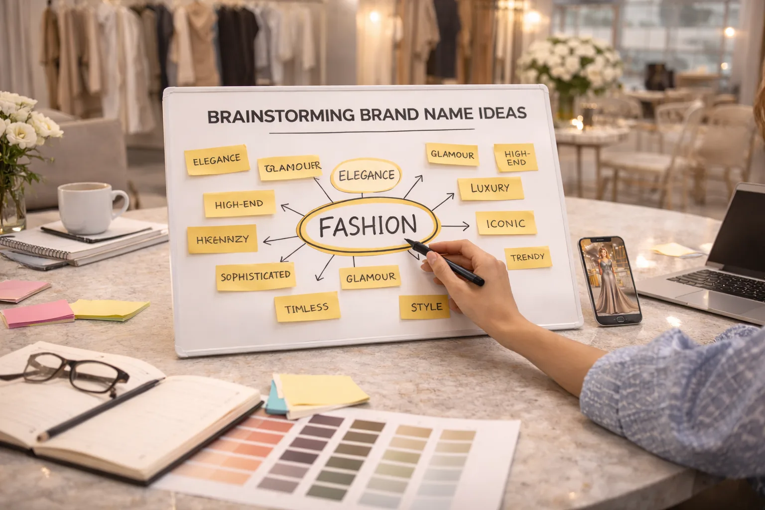 Creative team brainstorming fashion brand names in an office setting