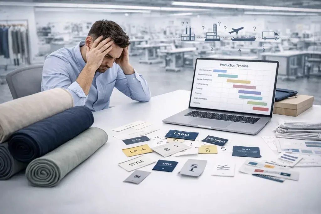 Stressed startup founder managing complex supply chain tasks